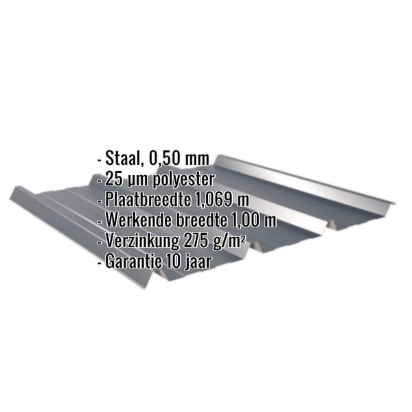 Damwandplaat 45/333 antracietgrijs met ingebedde specificaties voor materiaal, dikte en coating