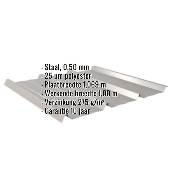 Damwandplaat 45/333, grijs aluminiumkleurig, met ingebedde gegevens over materiaal, dikte, coating en afmetingen