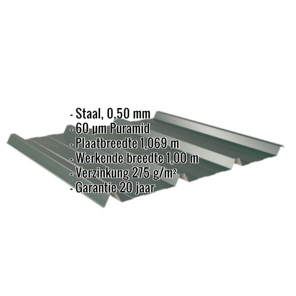 Damwandplaat 45/333 mosgroen met ingebedde technische gegevens en Puramid coating