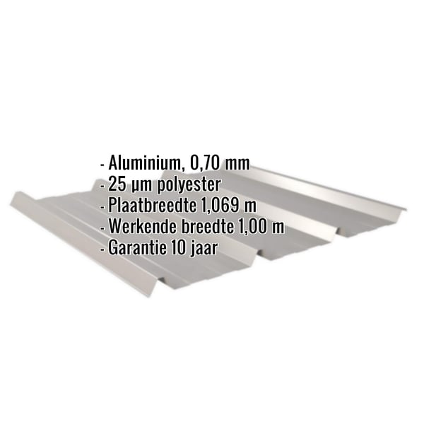 Damwandplaat 45/333 aluminium 0,70 mm, grijs, met ingebedde gegevens over materiaal, coating en afmetingen