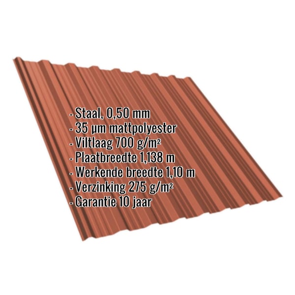Damwandplaat T18DR Terracotta, 0,50 mm, met matpolyester coating en productgegevens als infografiek