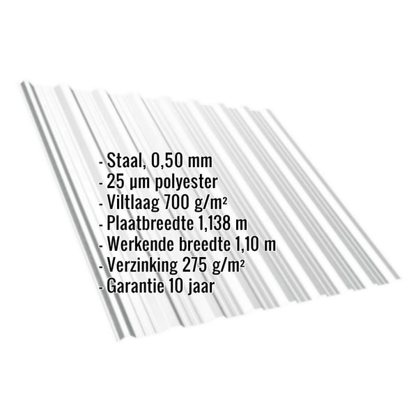 Infographic: Damwandplaat T18DR met ingebedde specificaties voor materiaal, dikte, coating en afmetingen