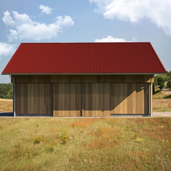 Houten schuur met dak van kersrode damwandplaat T18DR, 0,75 mm dik