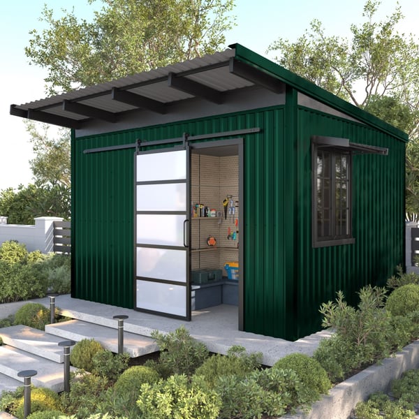 Tuinhuis met dak- en wandbekleding van damwandplaat T18DR mosgroen (RAL 6005)