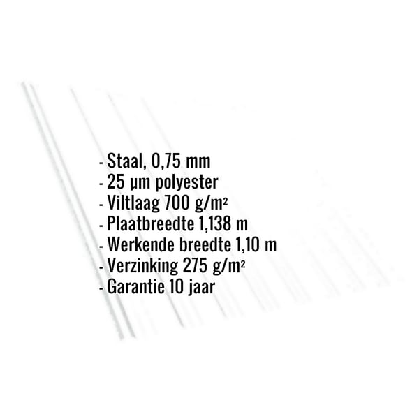 Damwandplaat T18DR, 0,75 mm staal, 25 µm polyester, 700 g/m² vlies, belangrijke gegevens getoond