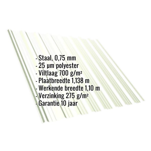 Damwandplaat T18DR Grijswit, 0,75 mm staal, polyestercoating, met ingebedde technische gegevens