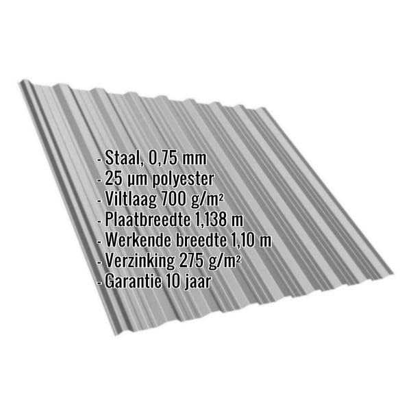 Damwandplaat T18DR, 0,75 mm, RAL9007, met ingebedde technische gegevens en coatinginformatie
