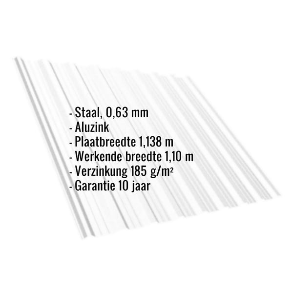 Damwandplaat T18DR Aluzink 0,63 mm met ingebedde productgegevens over materiaal, breedte en garantie