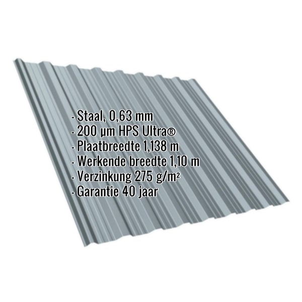 Damwandplaat T18DR dak, Venstergrijs RAL 7040, met ingebedde specificaties voor materiaal, dikte en garantie