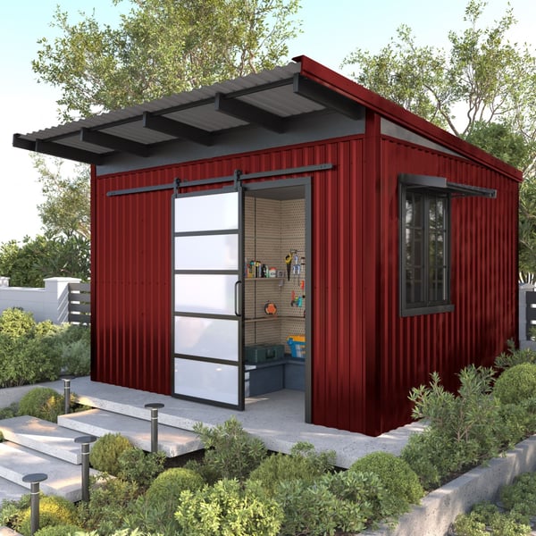 Tuinhuis met dak van damwandplaat T18DR kersrood, zijwand bekleed met T18DR