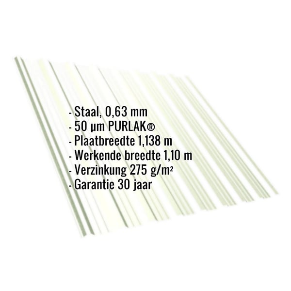 Damwandplaat T18DR, Grijswit RAL 9002, met ingebedde specificaties van materiaal, dikte en coating
