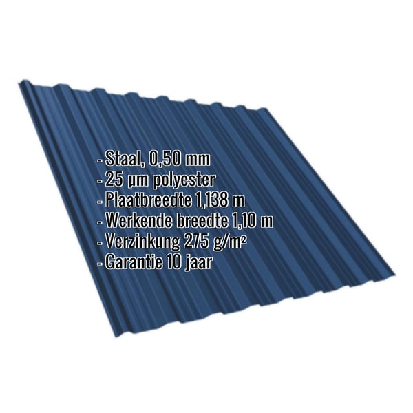 Damwandplaat T18DR 0,50 mm Gentiaanblauw met ingebedde technische gegevens