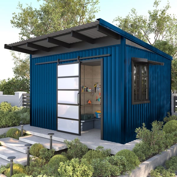 Tuinhuis met dak van damwandplaat T18DR Gentiaanblauw en bijpassende wandbekleding