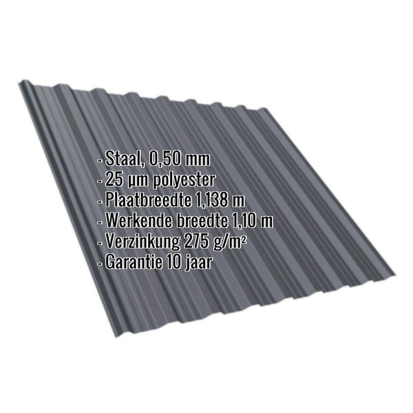 Damwandplaat T18DR Grafietgrijs (RAL 7024) 0,50 mm dik met polyester coating, specificaties weergegeven