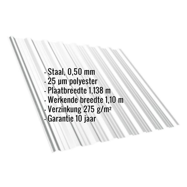 Damwandplaat T18DR, lichtgrijs, met ingebedde specificaties voor materiaal, dikte en coating