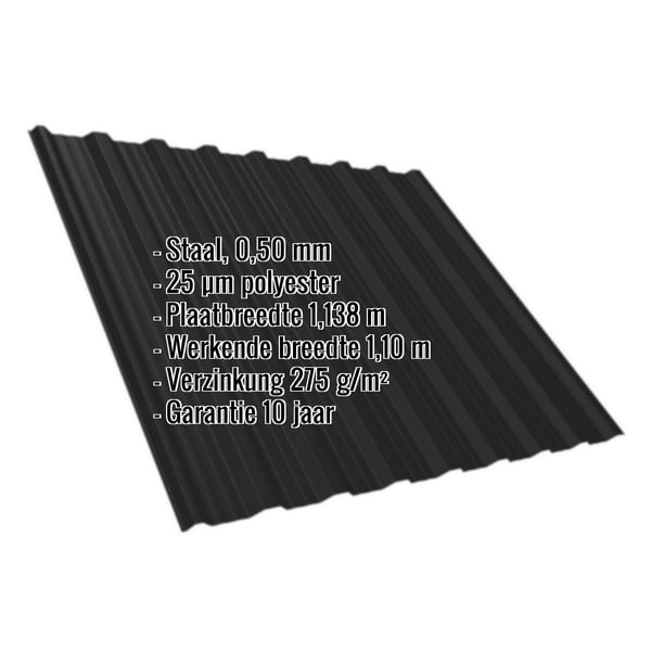 Damwandplaat T18DR Gitzwart, 0,50 mm, met ingebedde specificaties voor materiaal, coating en afmetingen