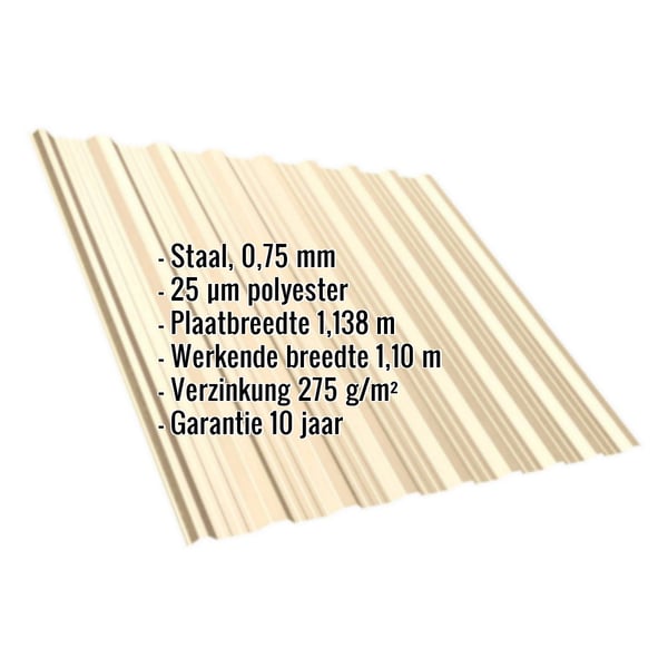 Damwandplaat T18DR licht ivoorkleurig, 0,75 mm staal met 25 µm polyestercoating, infografiek met specificaties