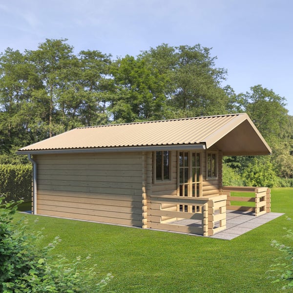 Houten huis met licht ivoorkleurige damwandplaat T18DR als dak en kleine veranda