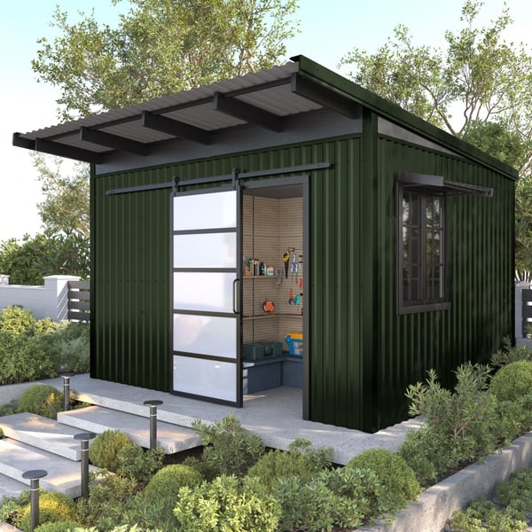 Tuinhuis met dak van damwandplaat T18DR Chroomoxydegroen en bijpassende wandbekleding