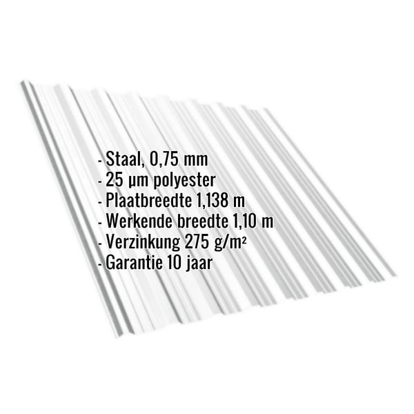 Damwandplaat T18DR Lichtgrijs (RAL 7035) met ingebedde gegevens over materiaal, dikte en coating