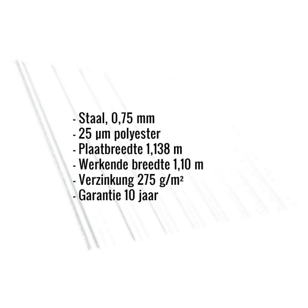 Damwandplaat T18DR, Zuiverwit, met ingebedde gegevens over materiaal, dikte, coating en garantie