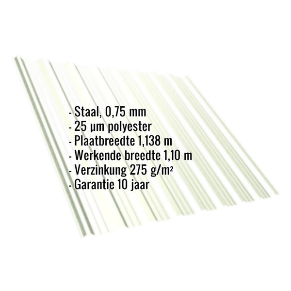 Damwandplaat T18DR Grijswit met ingebedde productgegevens over materiaal, dikte en coating
