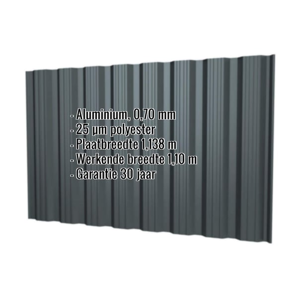 Damwandplaat T18DR aluminium 0,70 mm antracietgrijs met productgegevens