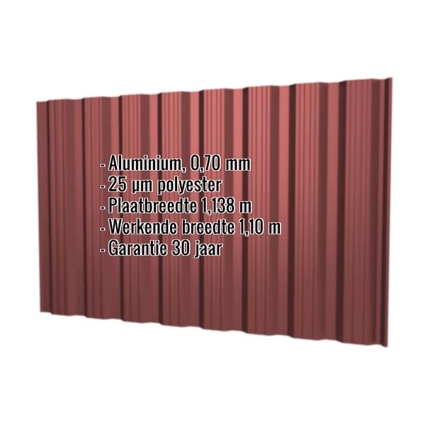 Damwandplaat T18DR aluminium 0,70 mm roodbruin met ingebedde productinformatie