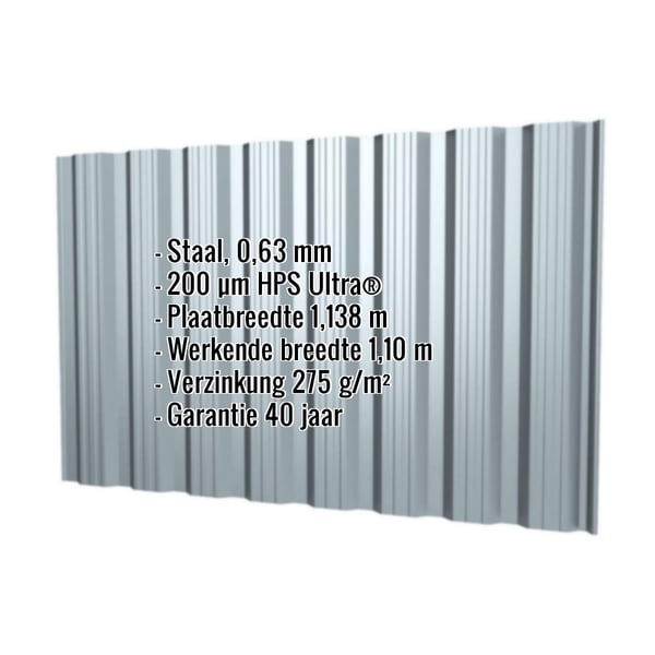 Damwandplaat T18DR wand, venstergrijs RAL 7040, met ingebedde productgegevens over materiaal, dikte en coating