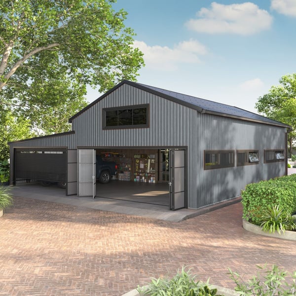 Damwandplaat T18DR wand, venstergrijs RAL 7040, 0,63 mm, gemonteerd op een moderne garage