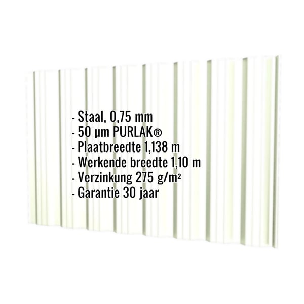 Damwandplaat T18DR wand Grijswit, 0,75 mm staal, met ingebedde technische gegevens en garantie