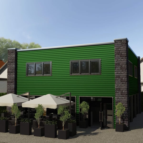 Damwandplaat T18DR wand, Groen RAL 6010, als gevelbekleding op een gebouw