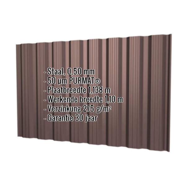 Damwandplaat T18DR wand Chocoladebruin RAL 8017 met ingebedde technische gegevens