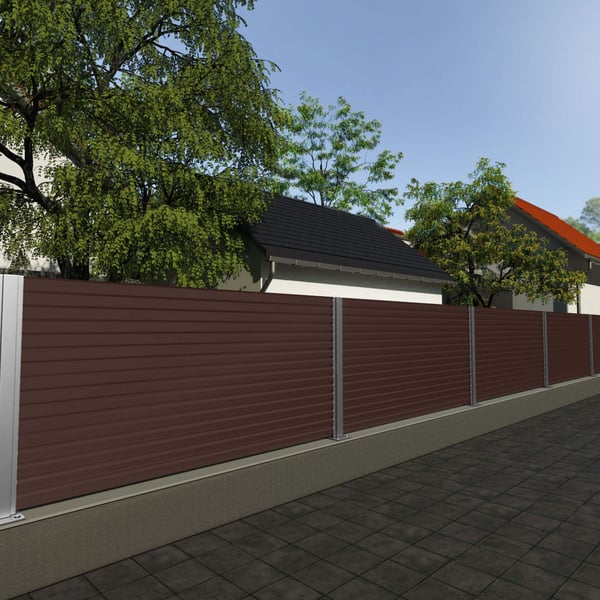 Damwandplaat T18DR wand in RAL 8017 Chocoladebruin als schuttingbekleding in de tuin