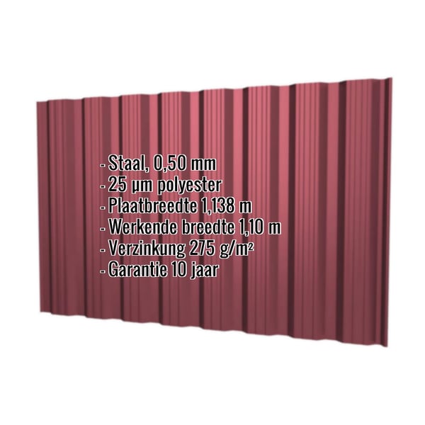 Damwandplaat T18DR wand Wijnrood, 0,50 mm, met ingebedde technische gegevens