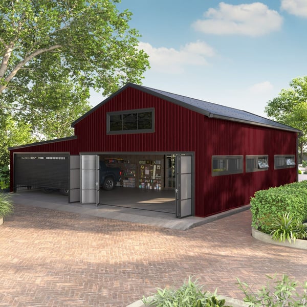 Damwandplaat T18DR wand Wijnrood als gevel van een grote garage of hal