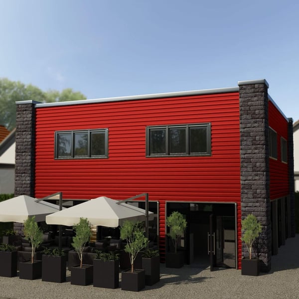 Gebouw met gevelbekleding van damwandplaat T18DR Koraalrood, 0,50 mm Staal