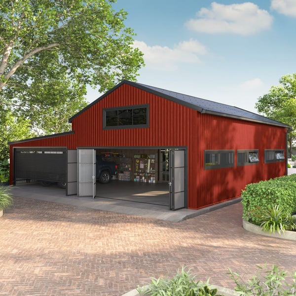 Schuur met wandbekleding van damwandplaat T18DR Koraalrood, 0,50 mm Staal
