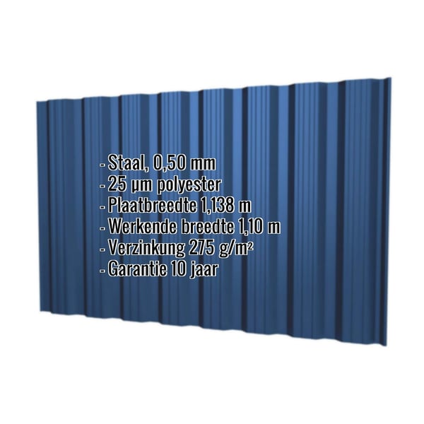 Damwandplaat T18DR wand Gentiaanblauw RAL 5010 met ingebedde productgegevens