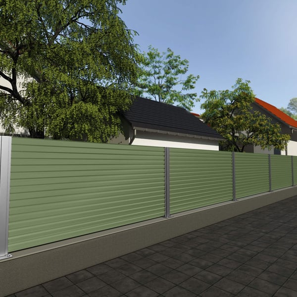 Damwandplaat T18DR wand Resedagroen als schuttingbekleding in de tuin