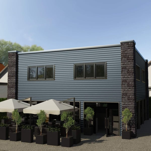 Gebouw met wandbekleding van damwandplaat T18DR Pelsgrijs, als toepassingsvoorbeeld