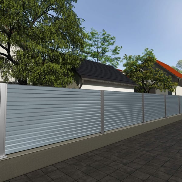 Schutting van damwandplaat T18DR Pelsgrijs, 0,50 mm, als toepassingsvoorbeeld in de tuin