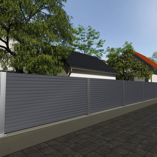 Damwandplaat T18DR Grafietgrijs als schuttingbekleding buiten, horizontaal gemonteerd