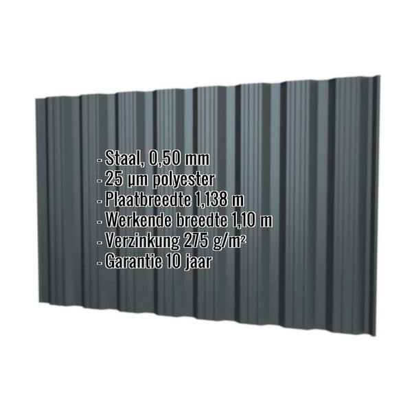Damwandplaat T18DR wand antracietgrijs RAL 7016 met ingebedde specificaties