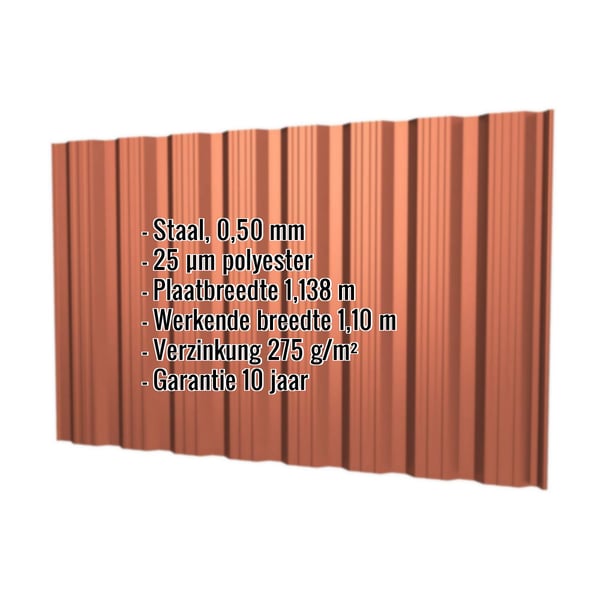 Damwandplaat T18DR wand koperbruin (RAL 8004) 0,50 mm dikte met ingebedde productgegevens