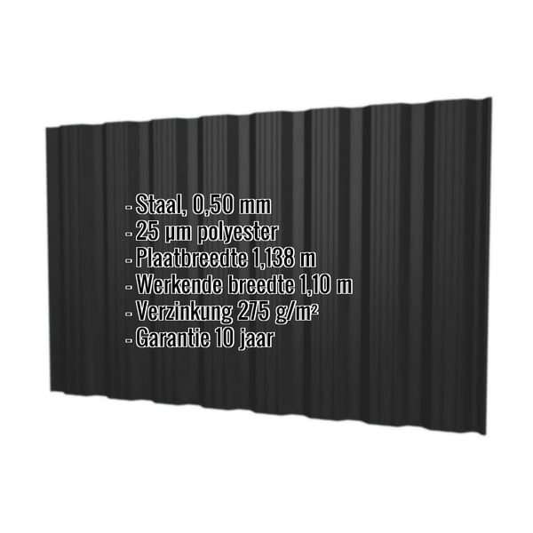 Damwandplaat T18DR Gitzwart RAL 9005, 0,50 mm met ingebedde technische gegevens en garantie