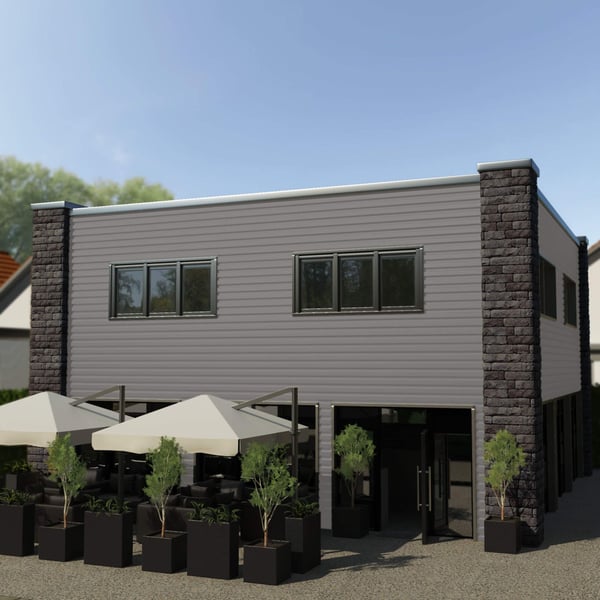 Gebouw met gevelbekleding van damwandplaat T18DR wand in RAL9007