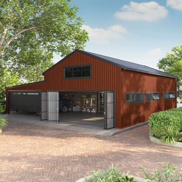 Damwandplaat T18DR wand Koperbruin RAL 8004 als gevel van een grote garage