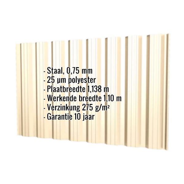 Damwandplaat T18DR wand, 0,75 mm staal, licht ivoorkleurig, met ingebedde technische gegevens