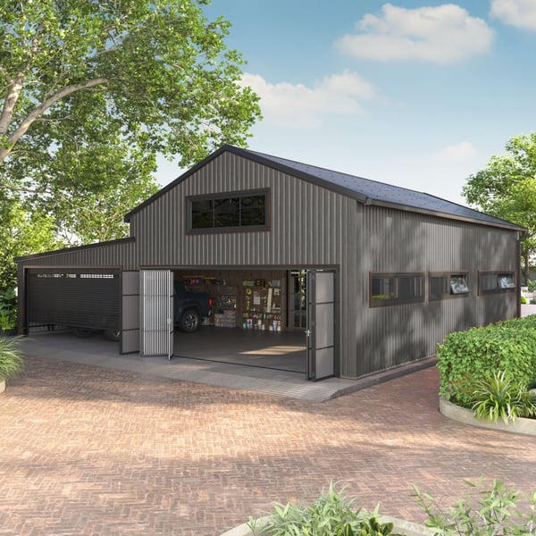 Damwandplaat T18DR wand, grijs aluminiumkleurig, als gevel van een grote garage of werkplaats